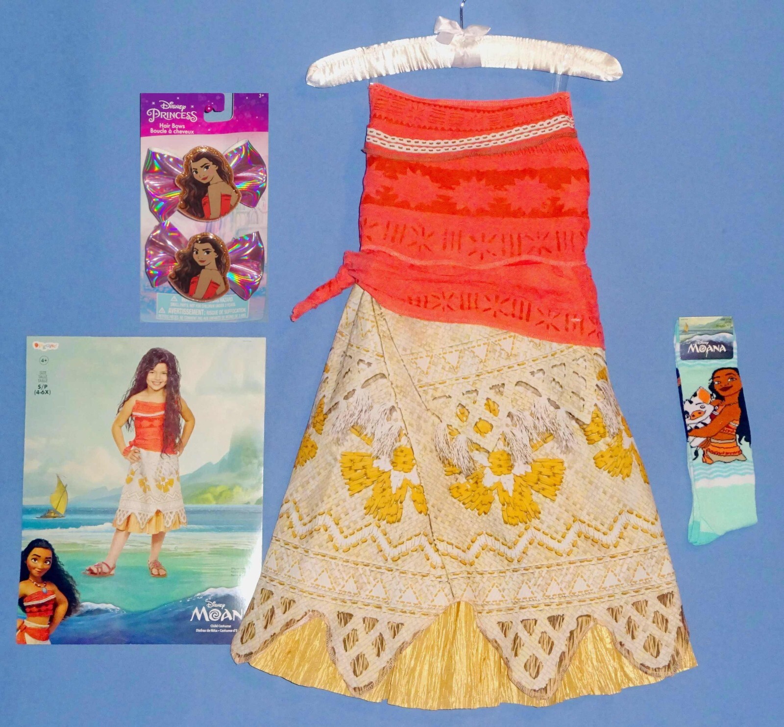 Disney Moana Costume Dress girls 4-6X-HAIR BOWS-Moana knee high socks-NEW LOT-4