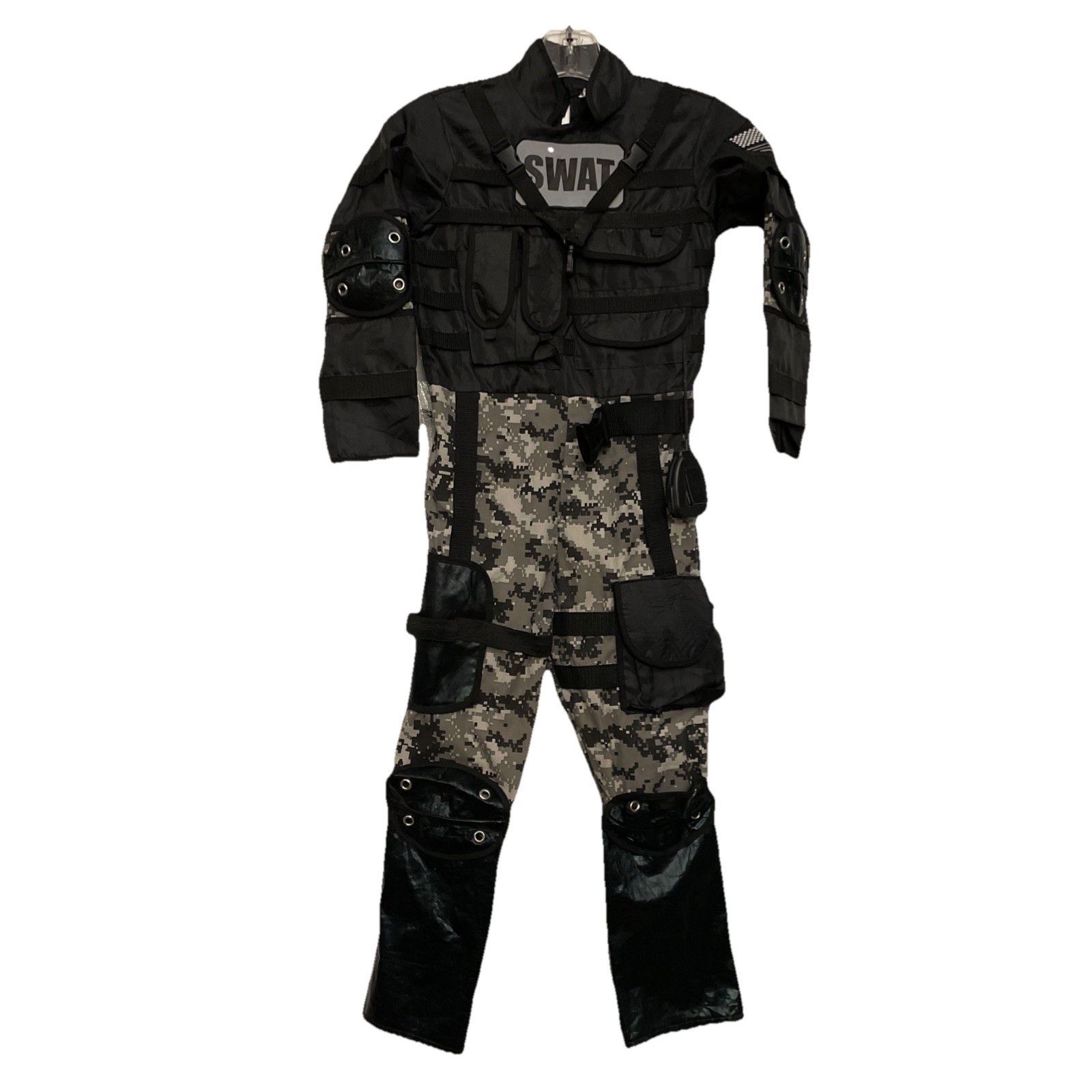 Kids 10-12 Costume SWAT Police Uniform Child Black Knee Pads Pockets Reflective