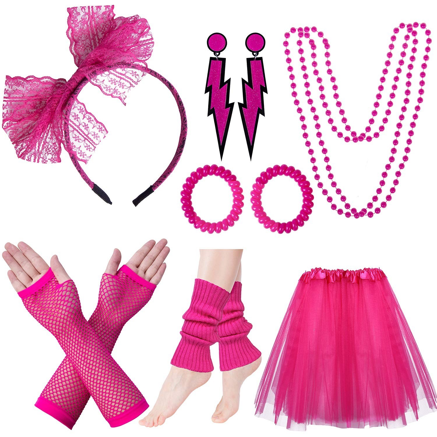 Womens PINK 80s Tutu 9pcs Accessories Set themed party costume NEW IN BOX