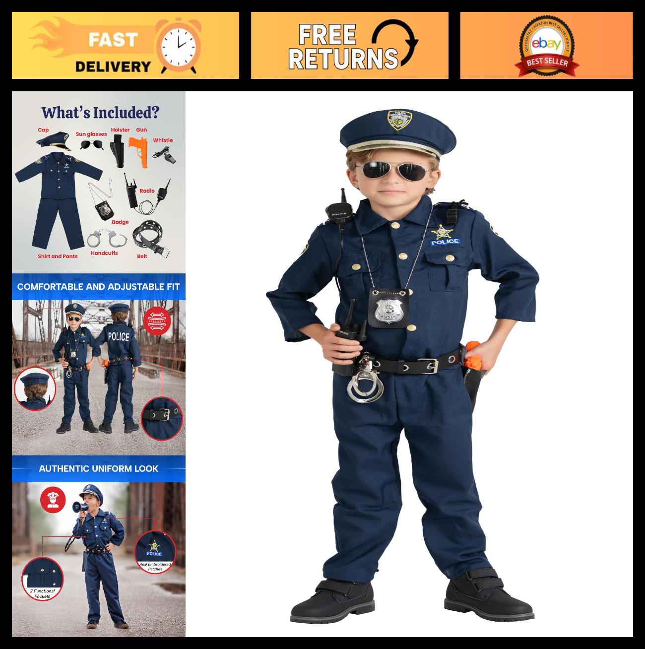 Deluxe Police Costume Set for Kids – Shirt, Pants, Hat, Belt, Whistle & Walkie T