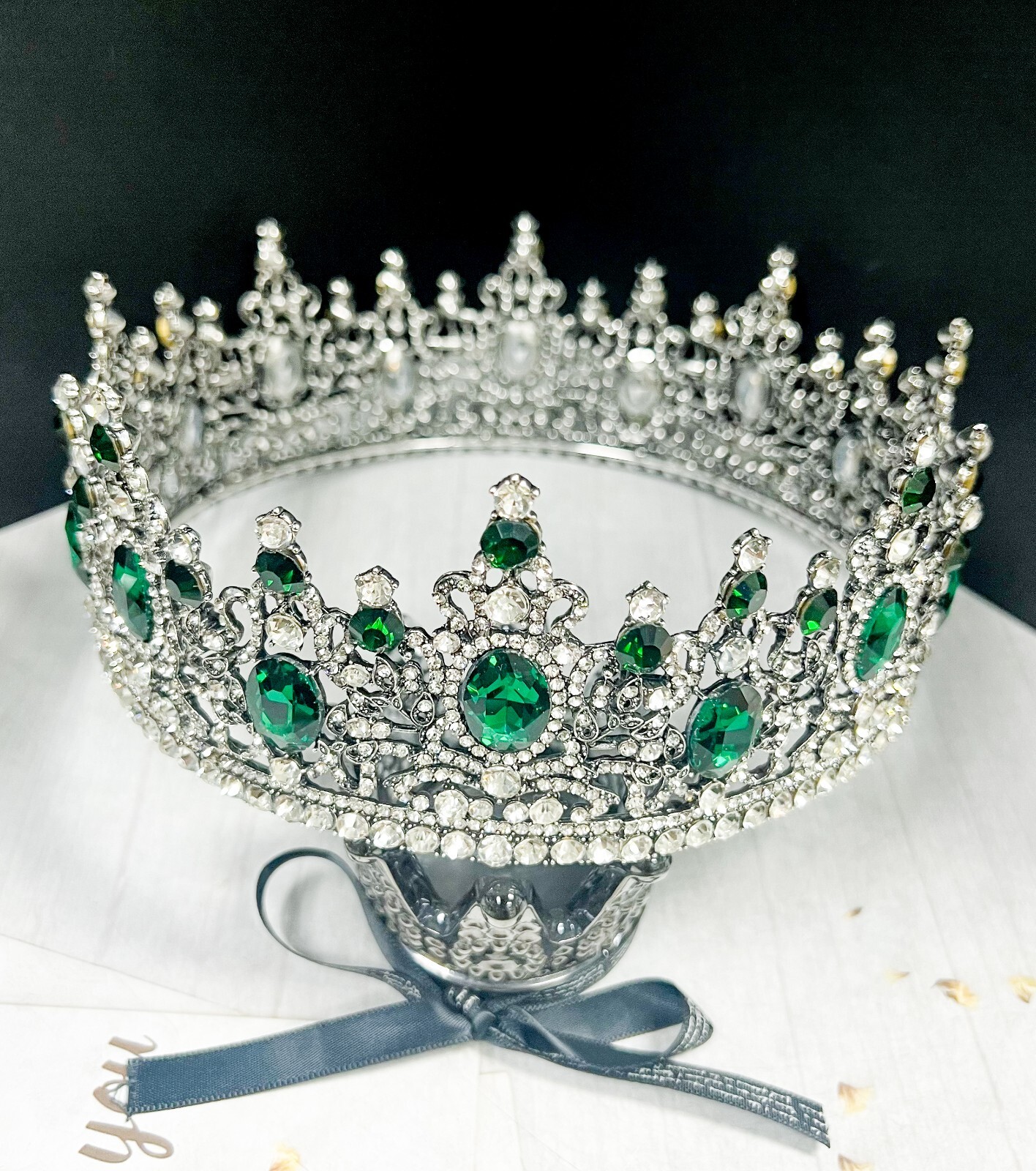 Royal King Crown, Green Crystal Crown, Silver Wedding Crown, Prom Crown, XL Size