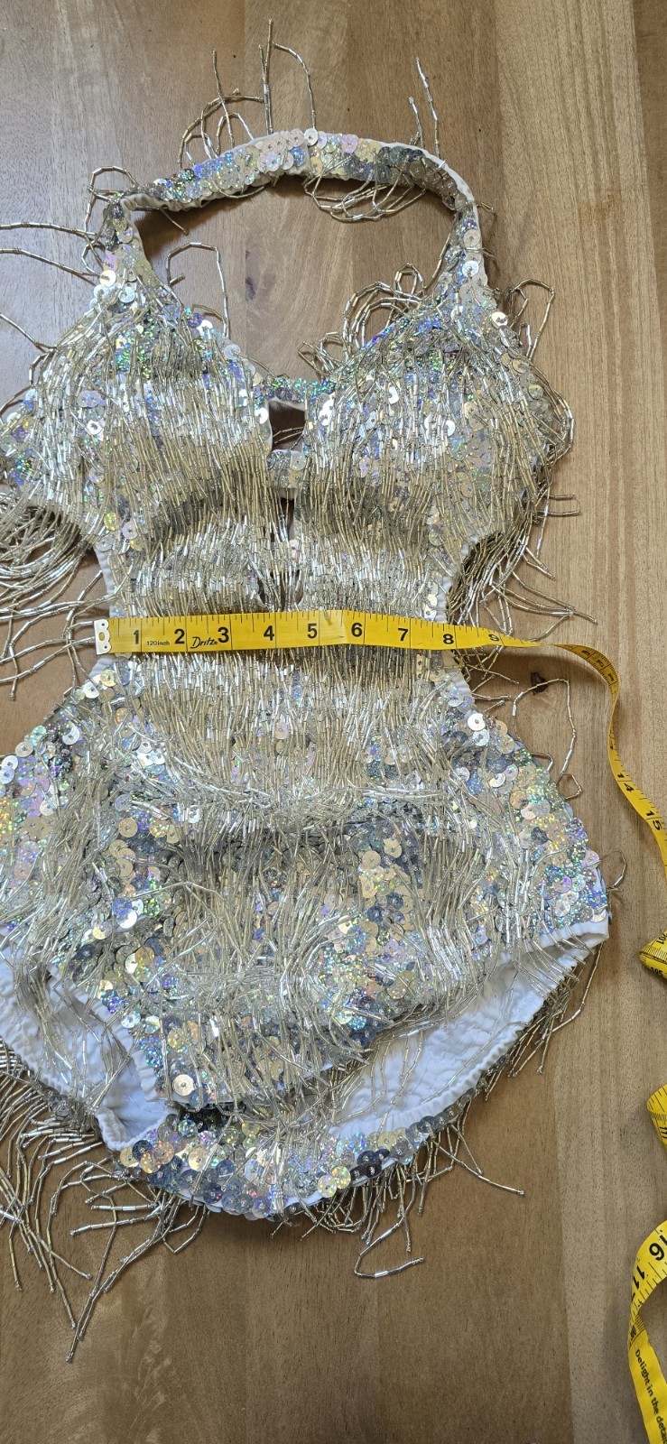 Silver Sequin Bead Fringe Performance Bodysuit Adult L Pop Star Stage Costume