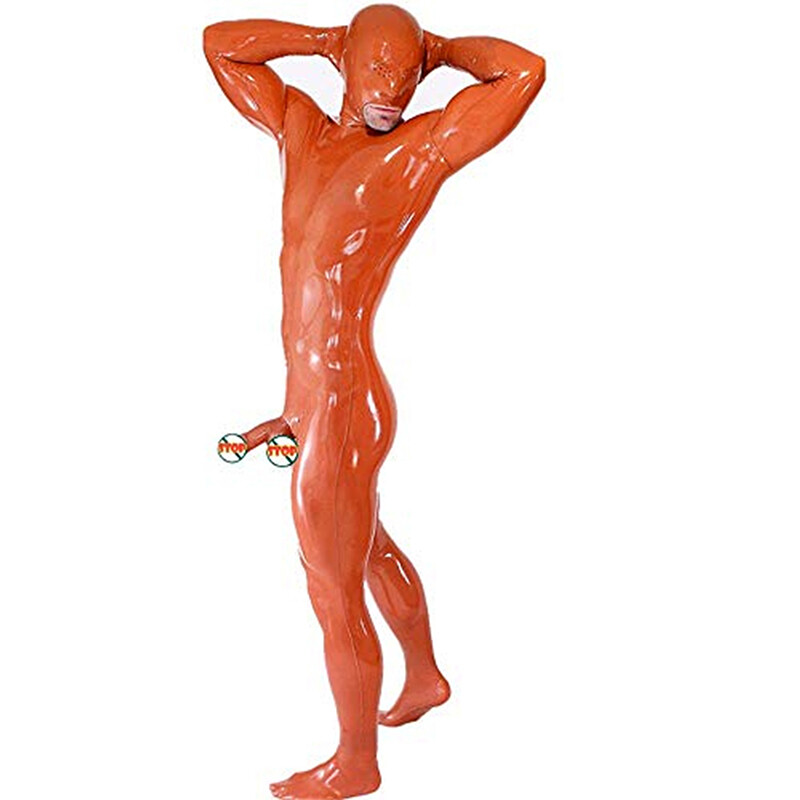 Male Latex Catsuit Bodysuit with Penis Condom Open Mesh Eyes Back Zipper