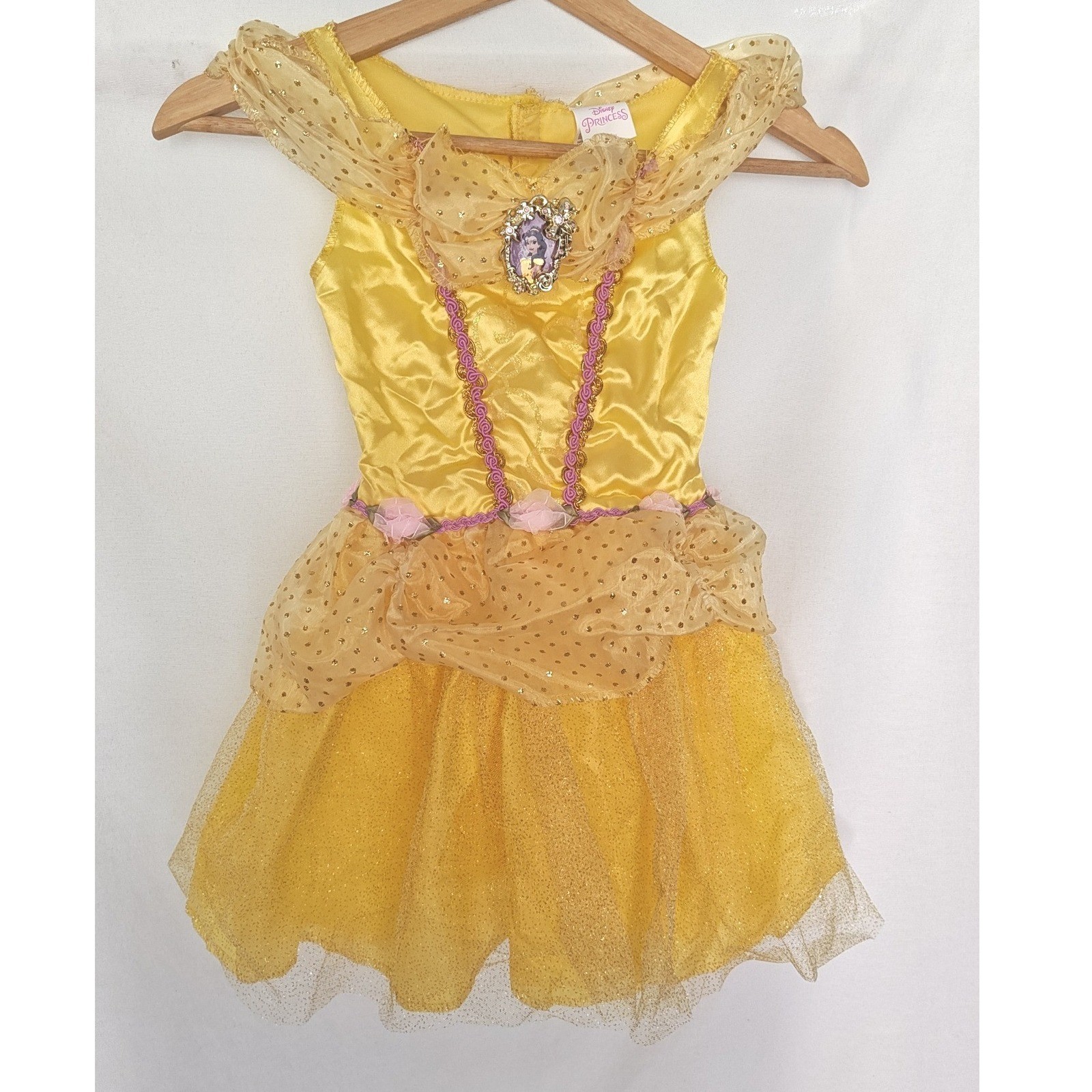 Disney Princess Belle Costume Dress Yellow Glitter Tulle Mesh Beauty XS 3T-4T