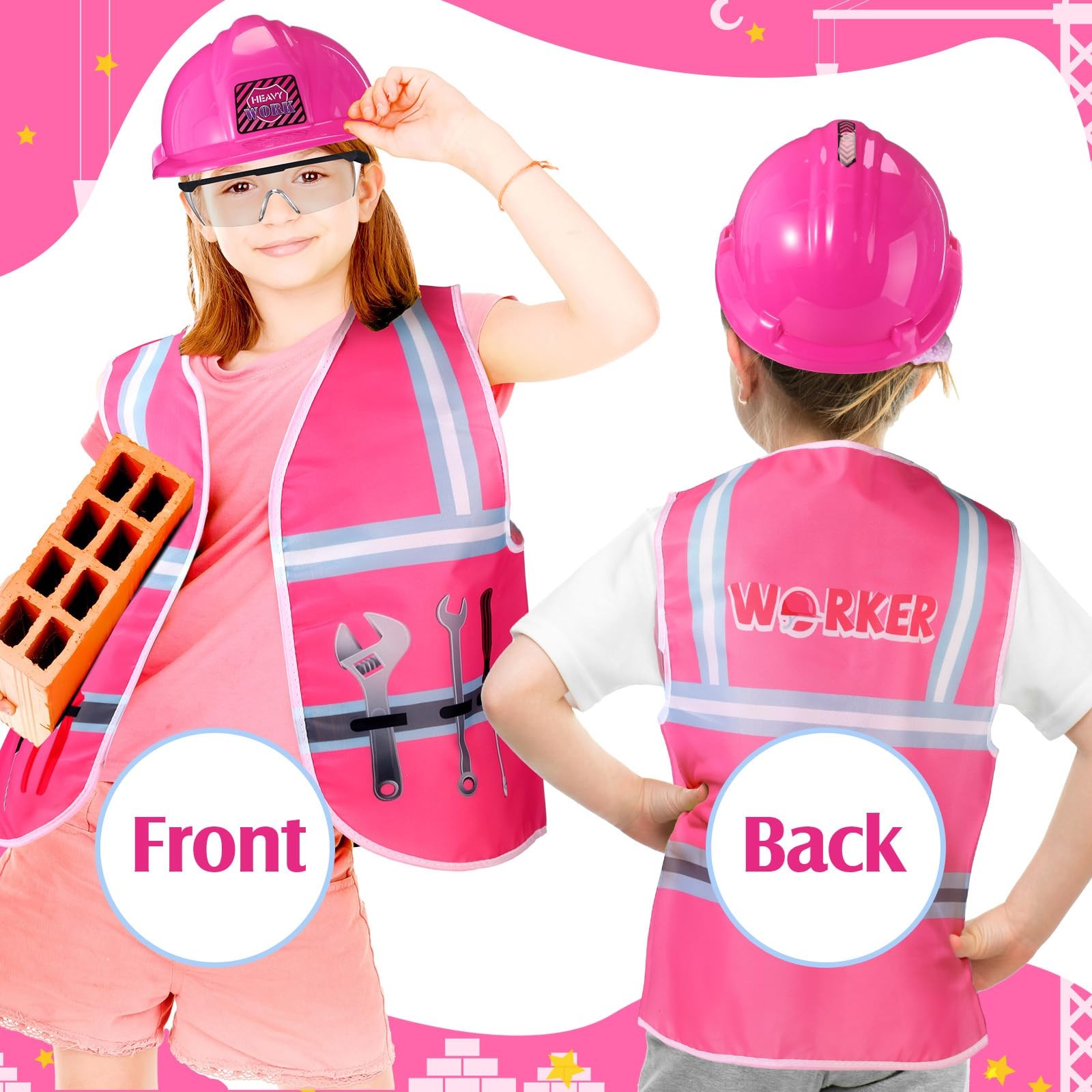 Kids Construction Worker Costume Set Hard Hat Vest Goggles Dress Up Outfit