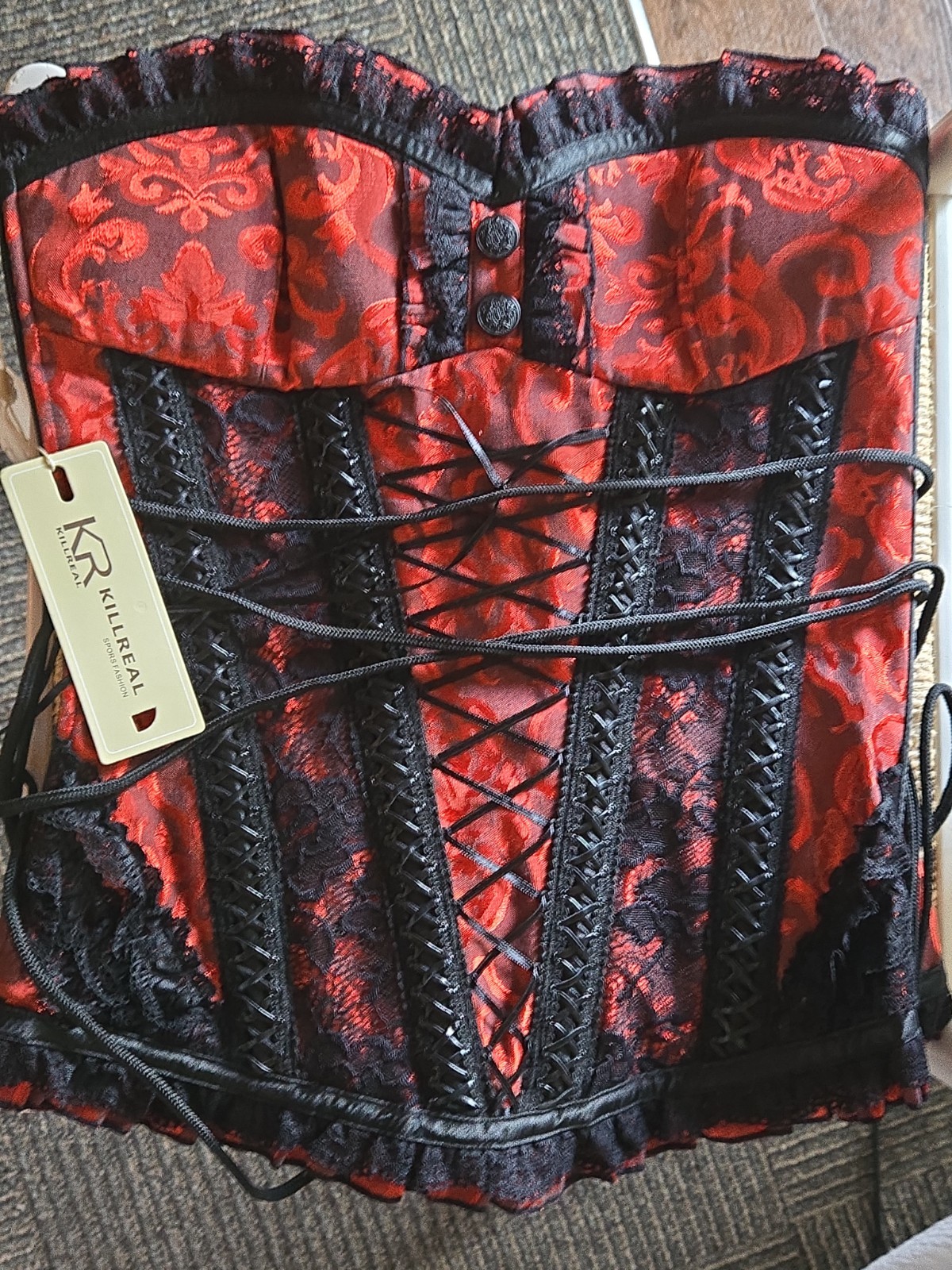 KILLREAL Red Black Brocade Corset Lace Up Gothic Steampunk Bustier Top NWT