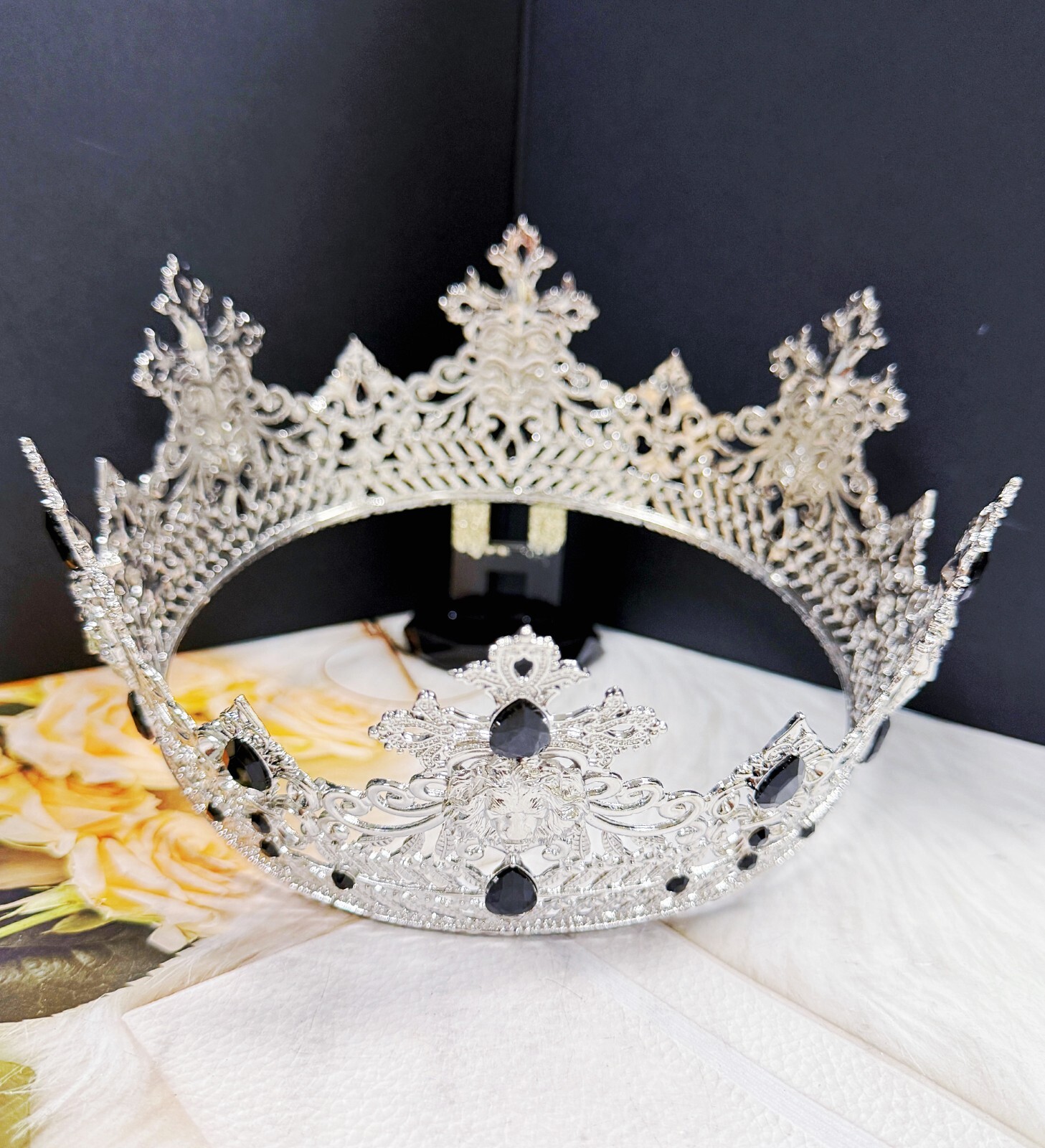 Silver Lion King Crown, Prince Wedding Headpiece, Black Crystal Crown for Groom