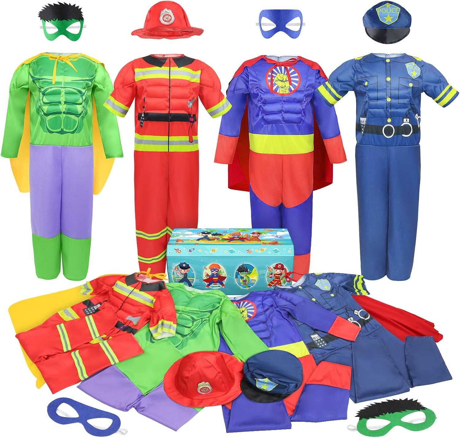 Boys Muscle Chest Dress up Costumes Trunk with Superhero, Policeman, Fireman Cos