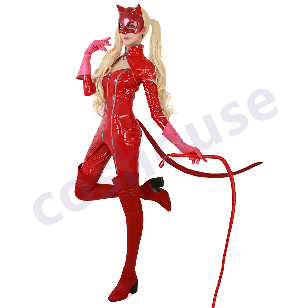 Women Anime Cosplay Costume Red PU leather Bodysuit with Whip and Gloves