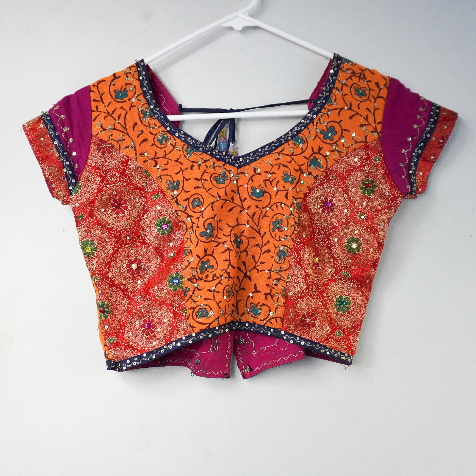Handmade Indian Top Costume Hook and Eye Crop Colorful Cap Sleeve Sequin Dance S