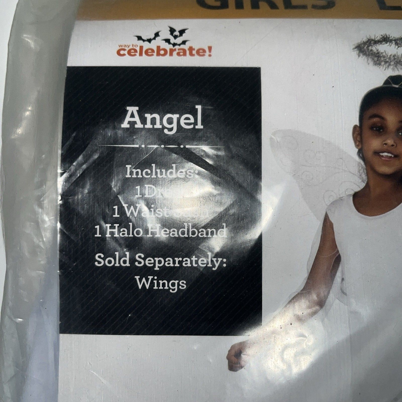 Girls Angel Halloween Costume Dress Tinsel Halo Waist sash SZ LG 10-12 Dress up