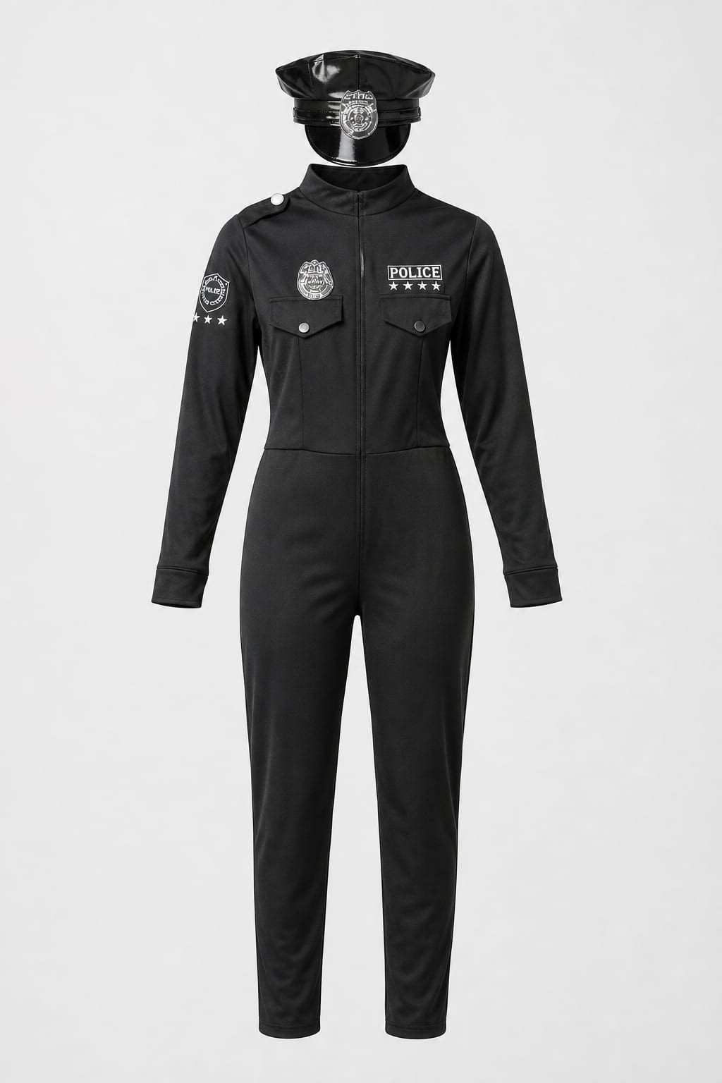 Vintage Black Police Jumpsuit Ensemble with Hat, Unisex