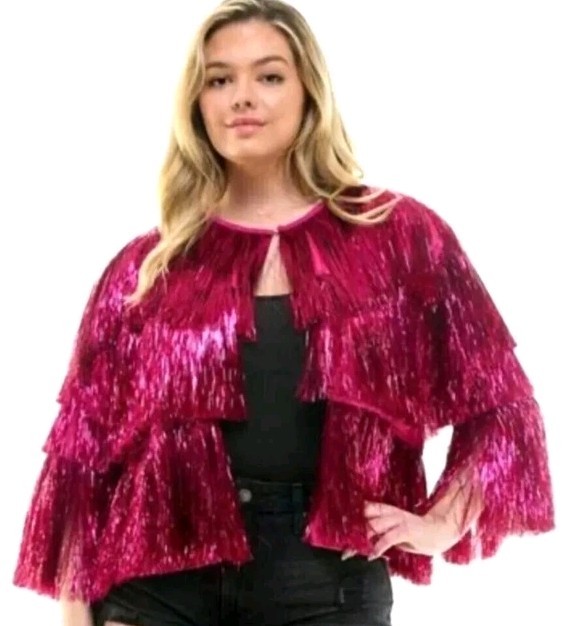 Fuchsia Pink Fringe Tinsel Jacket Plus Womens Costume Cosplay Disco Festival