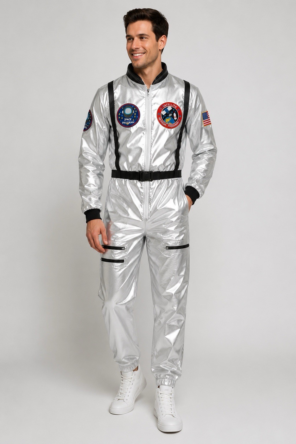 EraSpooky Men’s Astronaut Spaceman Costume XL Silver Jumpsuit New