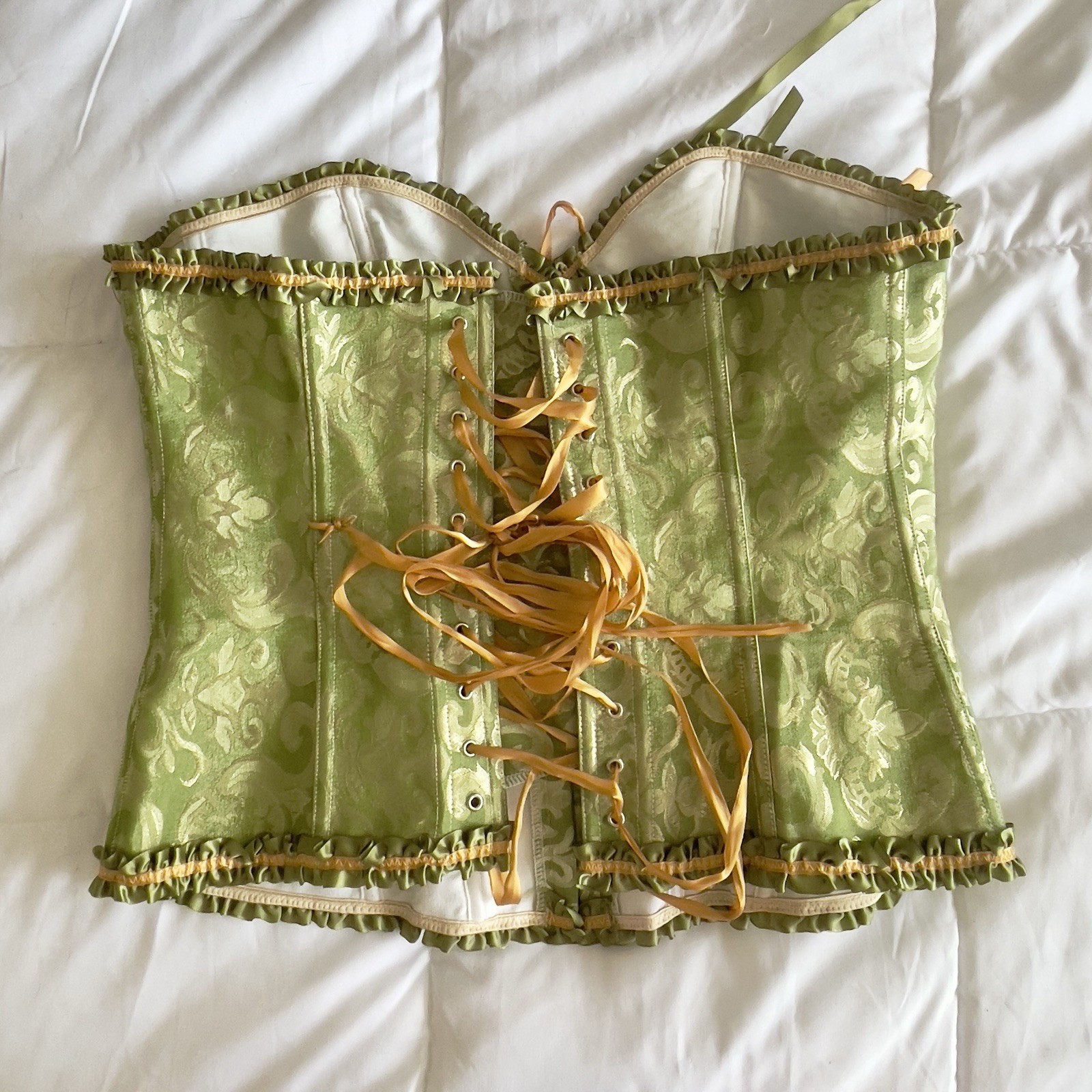 Corset Green & Gold Over Bust Laced Back Zippered Victorian Bustier