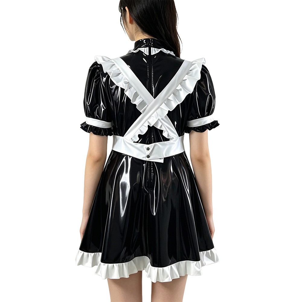 High Neck PVC Maid Dress Wet Clubwear Cosplay Puff Sleeve Pleated Maid Dress