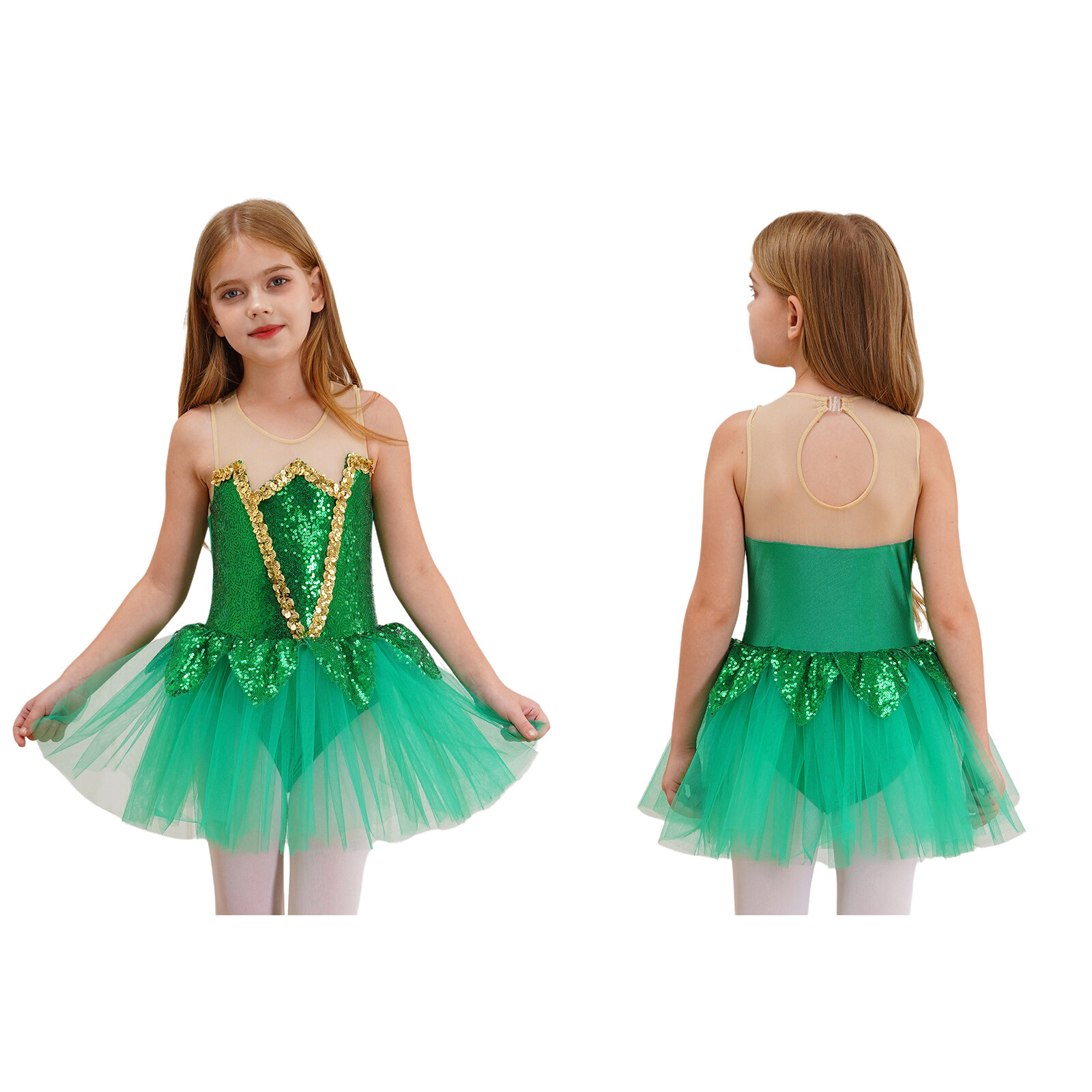 US Kids Girls Jumpsuit Elf Cosplay Bodysuit Sheer Keyhole Back Costume Halloween