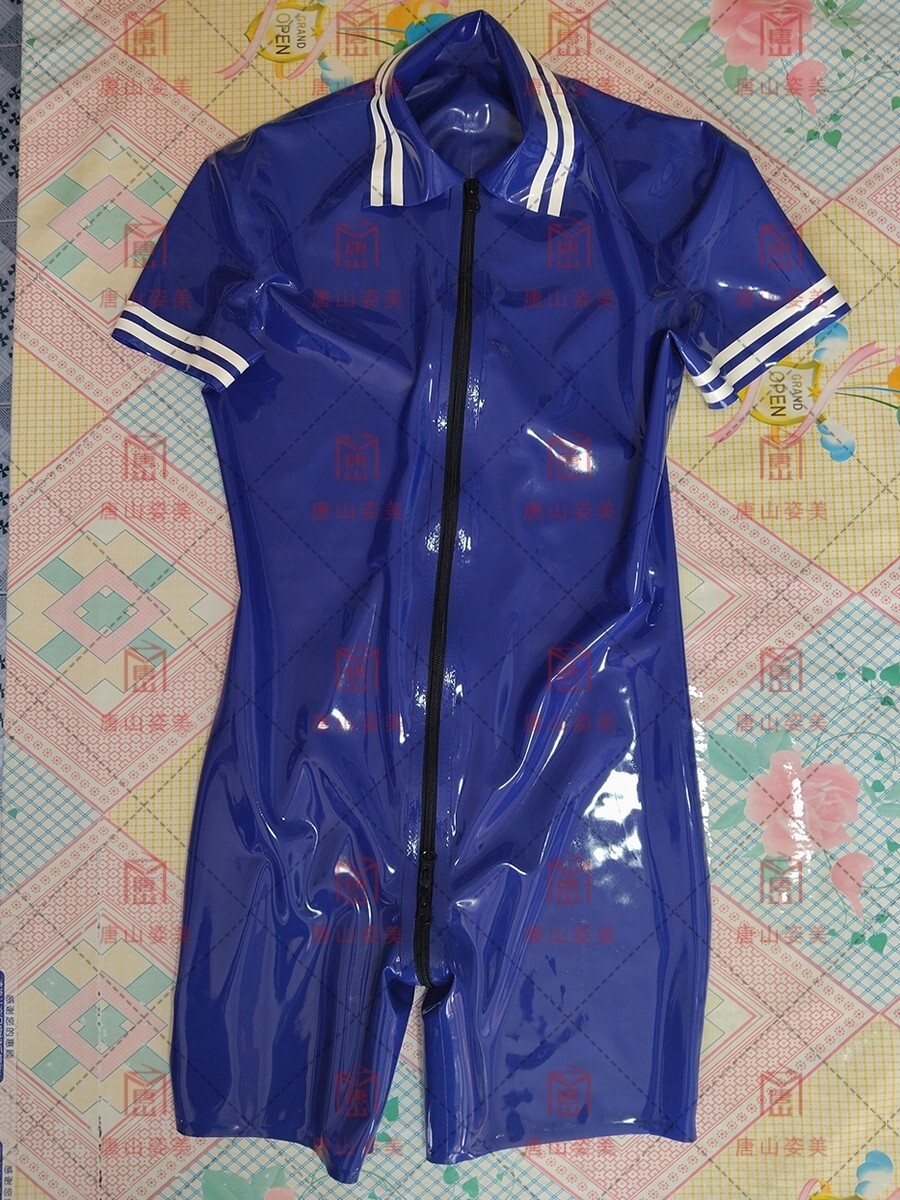 Dark blue latex catsuit short sleeve with white trims front zip