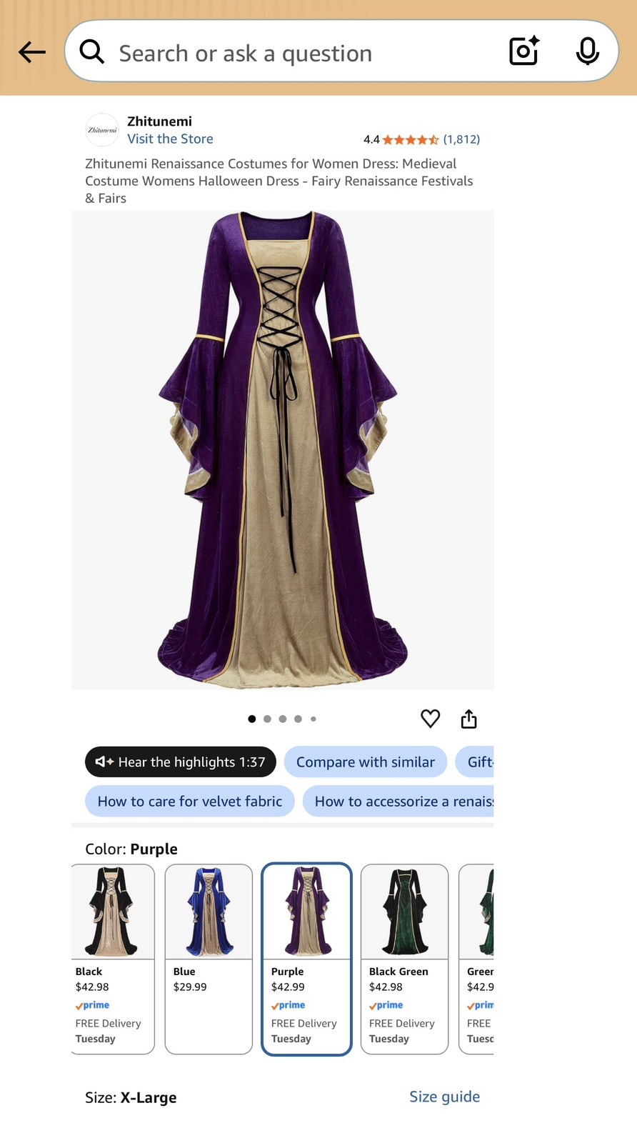 Renaissance Women Medieval Costume Womens Halloween Dress – Purple – XL – NWT