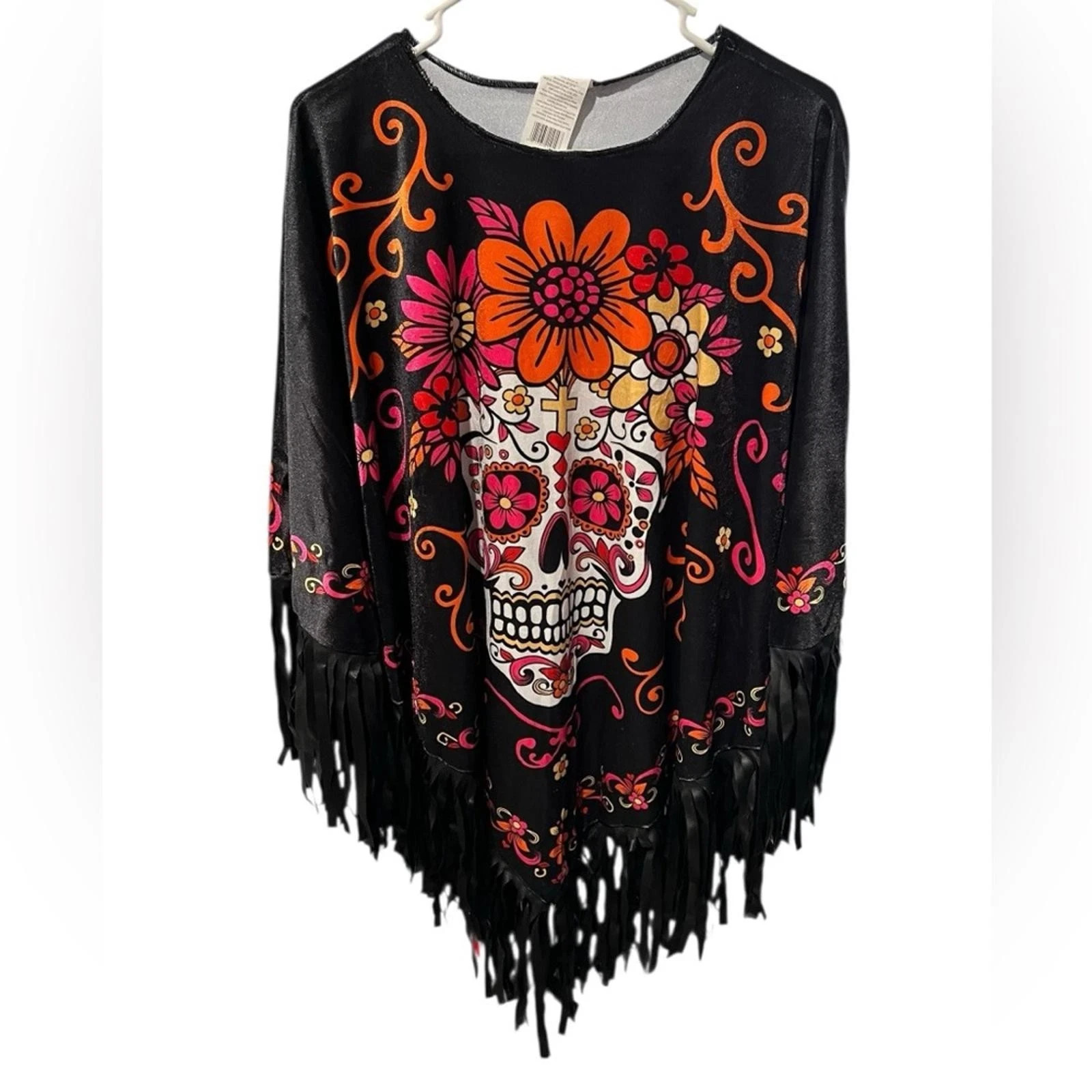 Women’s Skull Fringe Poncho – One Size Fits XS–XL – Day of the Dead / Mexican