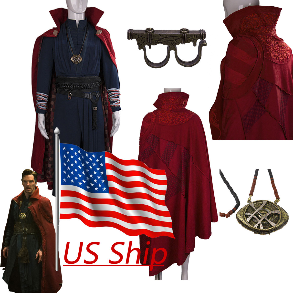 2018 Doctor Strange Costume Cosplay Steve Full Set Red Cloak Necklace Ring Prop