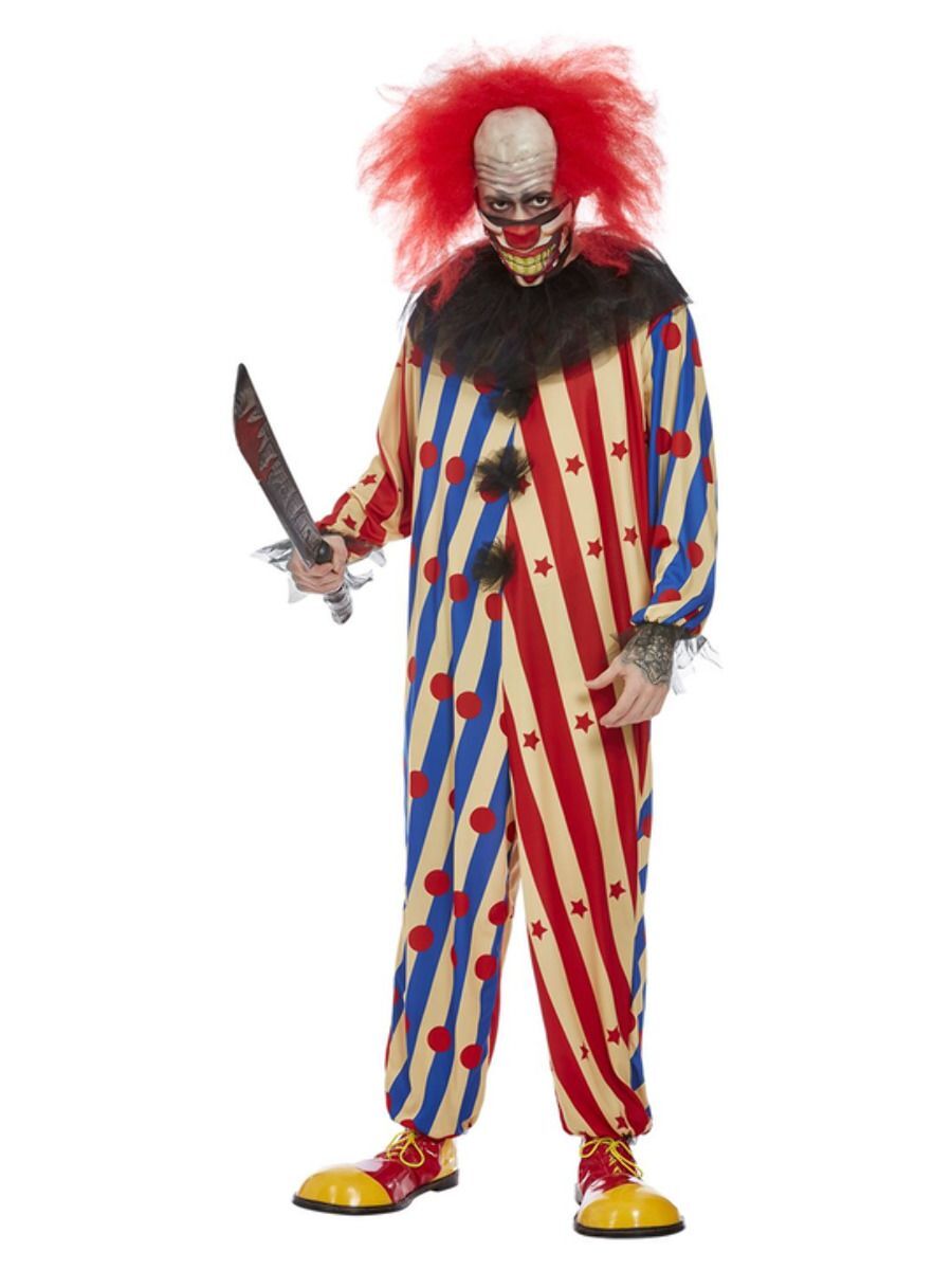 Mens Creepy Clown Costume Adults Halloween Horror Scary Clown Fancy Dress