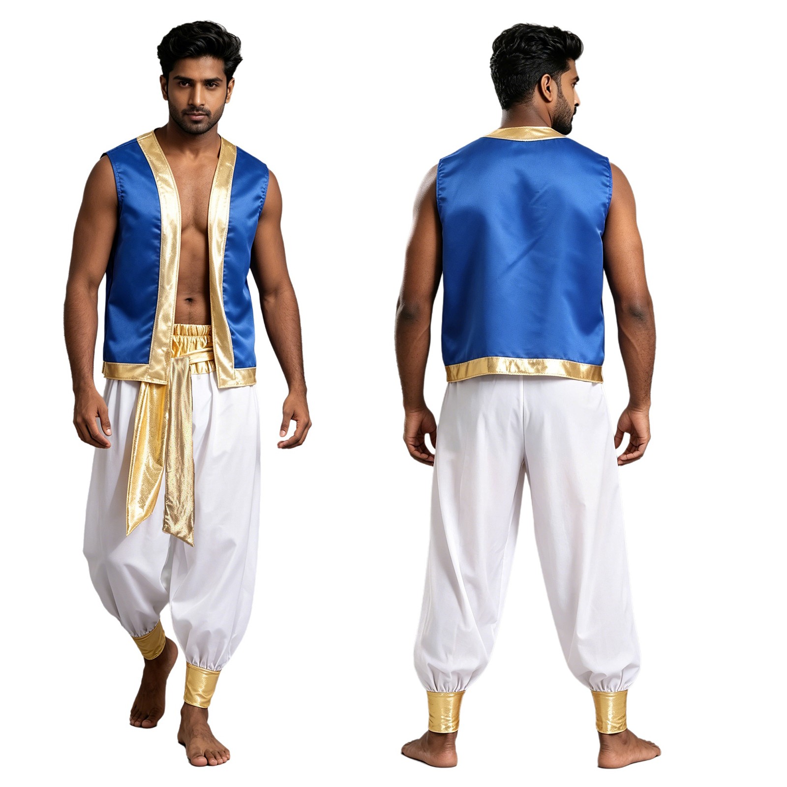 US YiZYiF Men’s Arab Prince Halloween Metallic Trim Open Front Vest with Pants