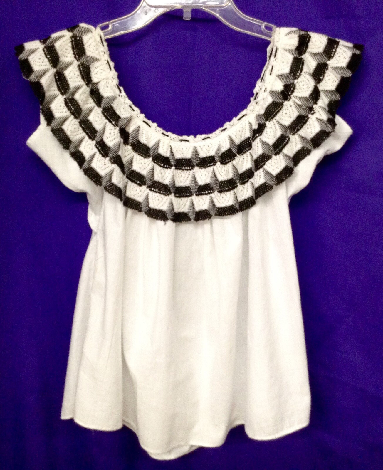 White Cap Sleeve Peasant Top With Crocheted Black And White Neckline Ruffle