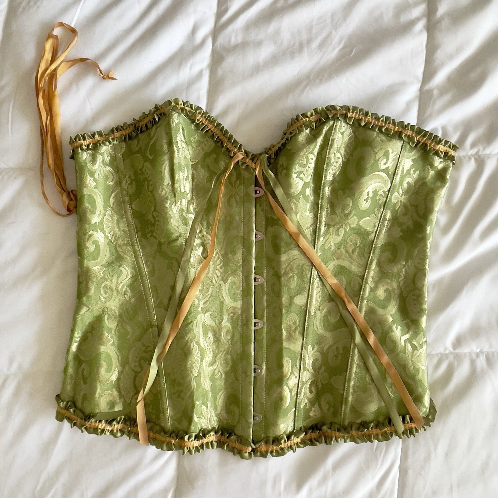 Corset Green & Gold Over Bust Laced Back Zippered Victorian Bustier