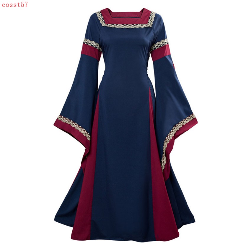 Medieval Renaissance Palace Dress Square Collar Slim Long Skirt Cosplay Costume
