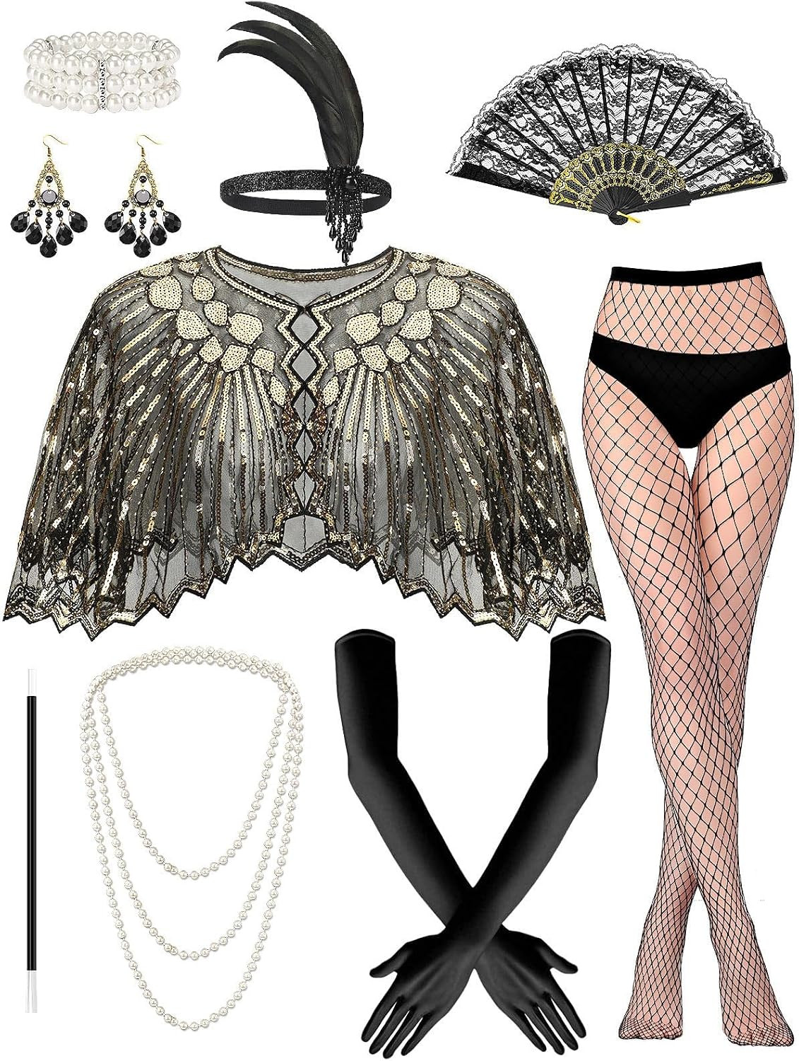 9 Pcs 1920S Flapper Gatsby Accessories Set for Women Tea Party Outfit Black |