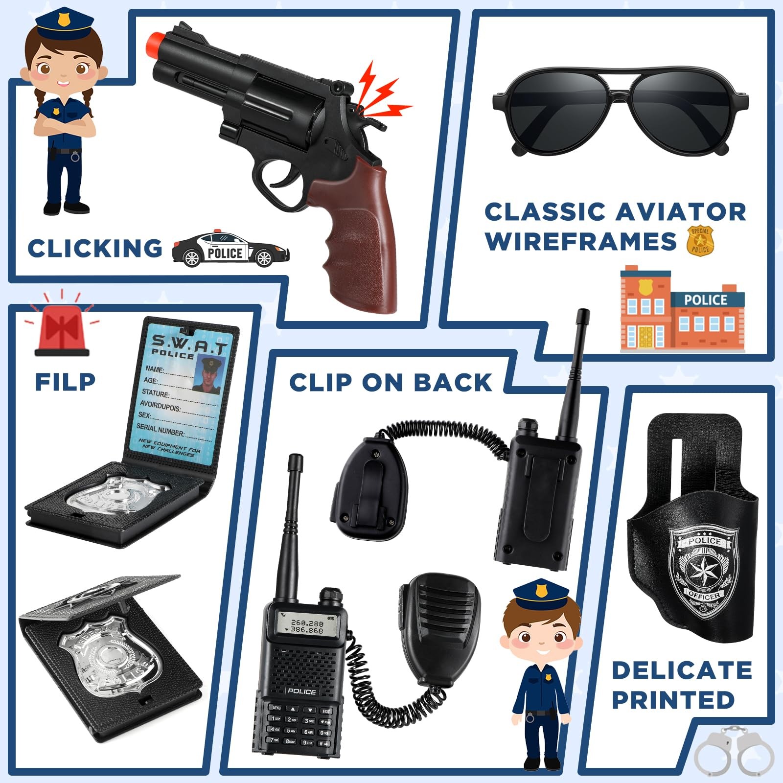 Kids Police Costume with Uniform, Recorder, Lights – Halloween Role Play Kit