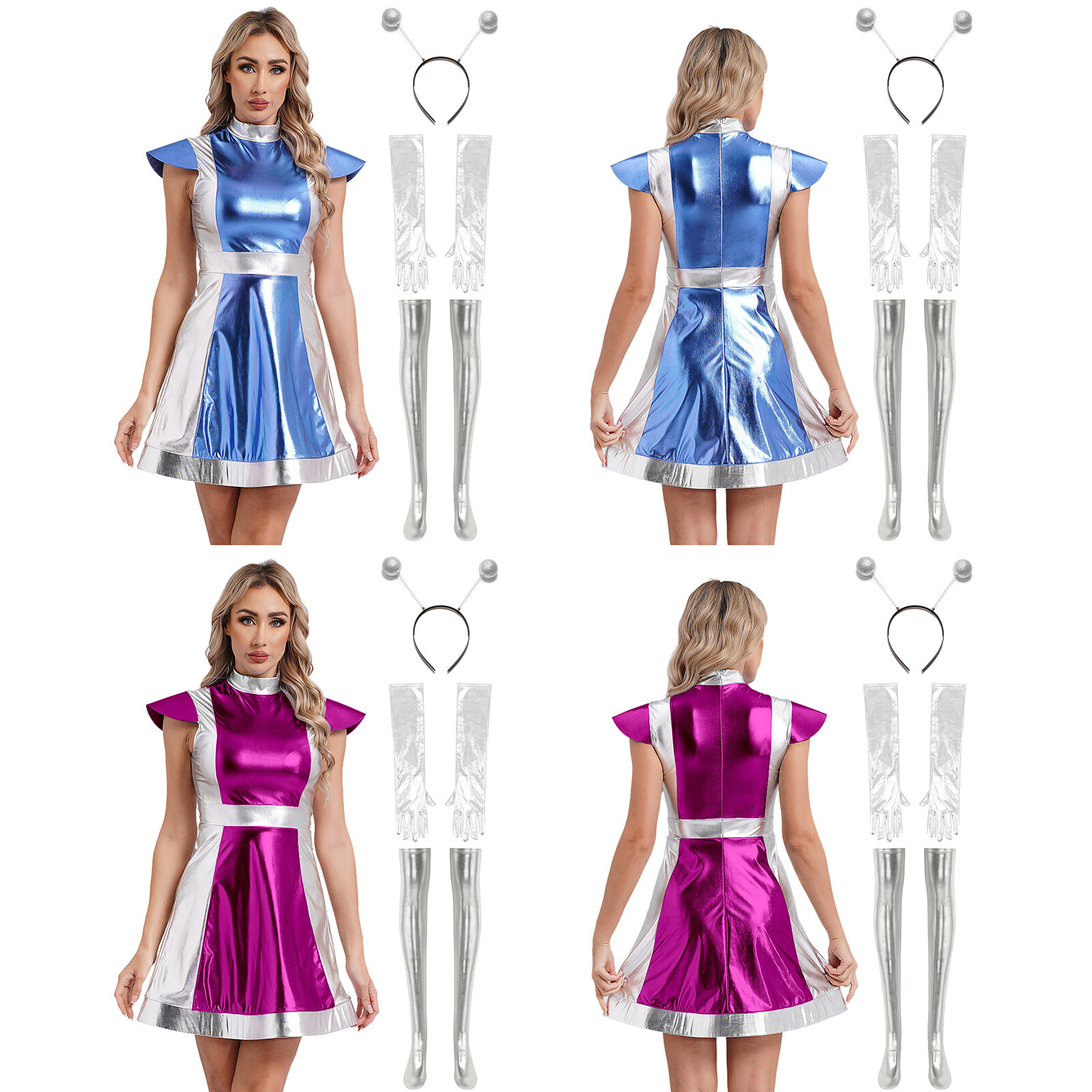 Womens Outfit Shiny Alien Costume Metallic Uniform Halloween Hair Hoop Space