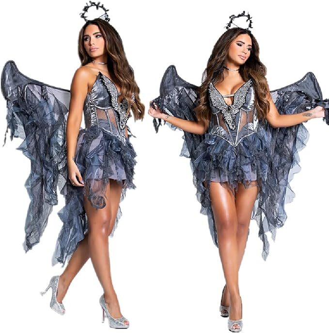 Quenny Halloween dark sexy gray angel costumes, demon evil wings angel 12204