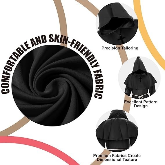 Adult Friar Medieval Hooded Monk Renaissance Priest Robe Costume Cosplay Black