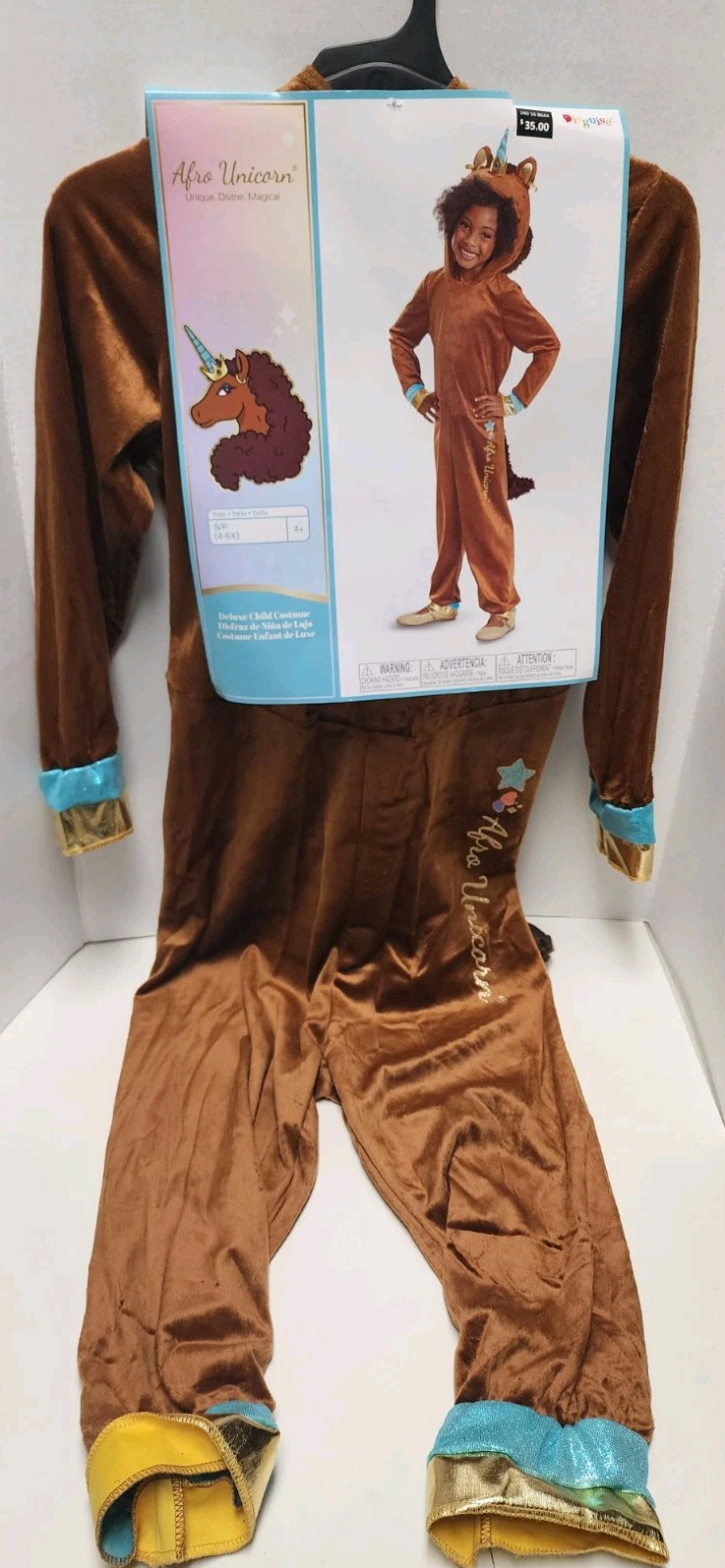 S (4-6X) Girl’s Deluxe Afro Unicorn® Browm Jumpsuit Halloween Kid Costume New