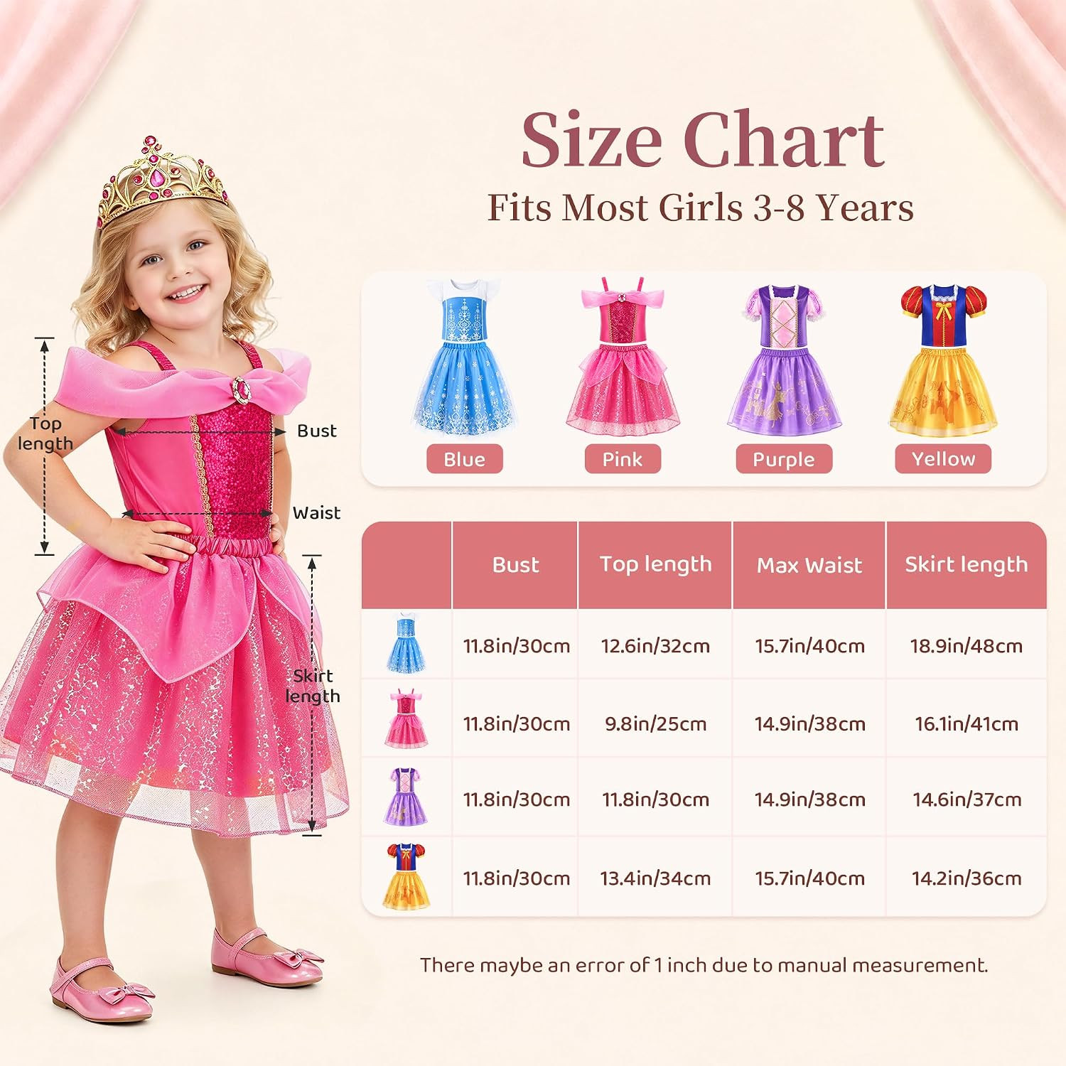 Princess Dress up for Girls 3-8, 4 Princess Outfits with Jewelry, Princess Role