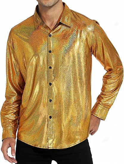 Cotton Blend Men’s Fashion Shiny Long Sleeve Button Up Shirt