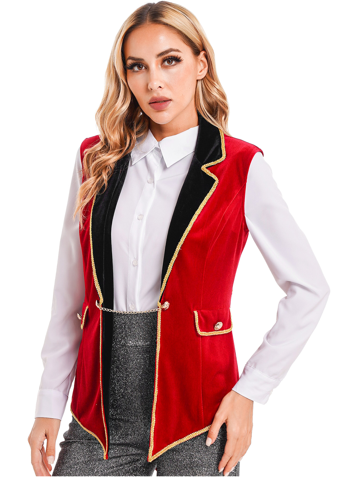 Women Lapel Sleeveless Gold Trimmings Tailcoat Jacket Ringmaster Circus Costume
