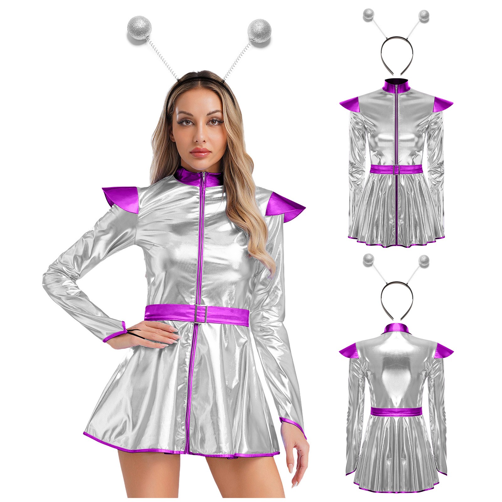 US YiZYiF Women Alien Costume Astronaut Cosplay Outfit Metallic Dress +Headwear
