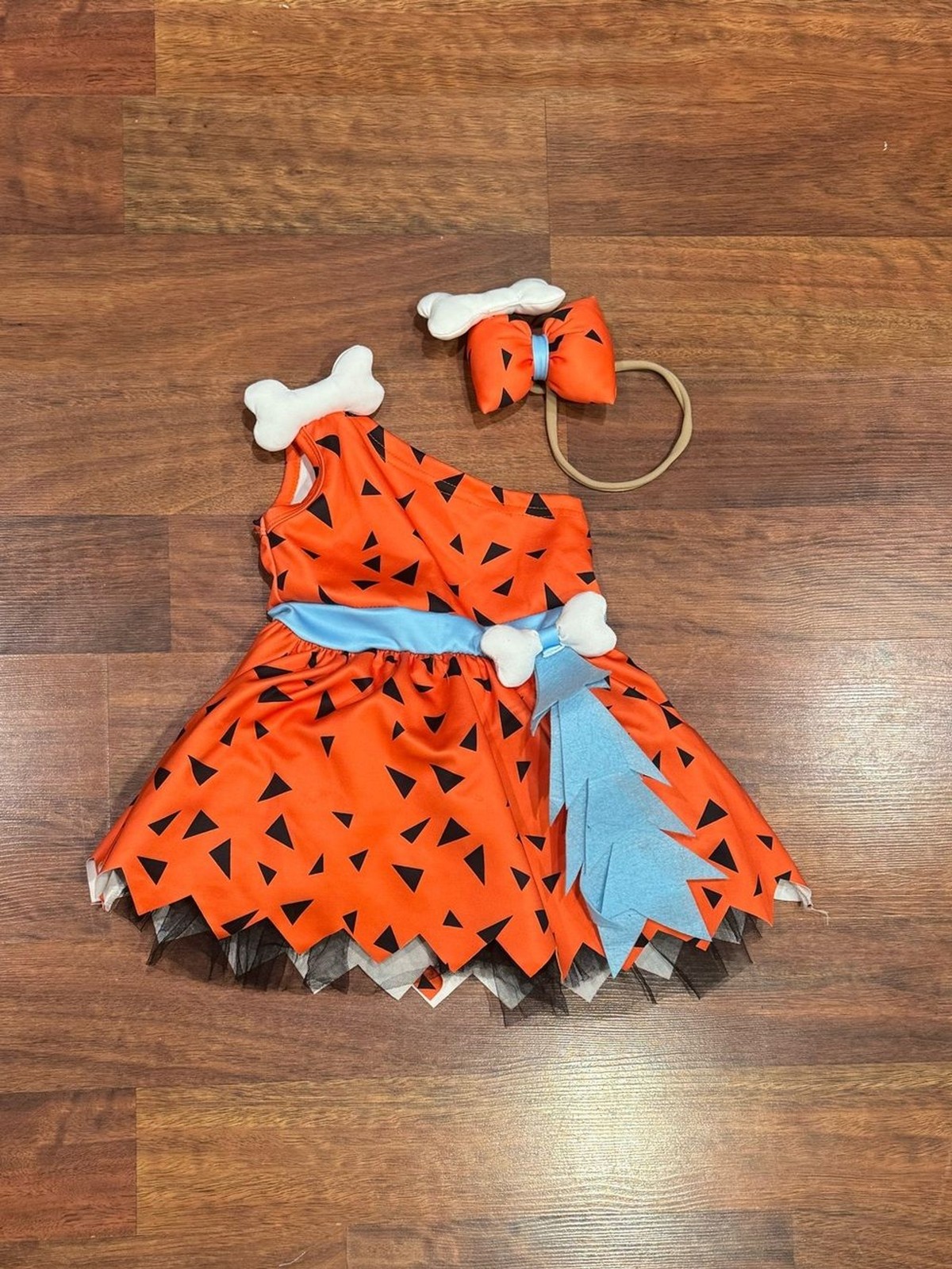 Halloween Costume – Orange Pebbles Flintstone Inspired Dress with Blue Sash