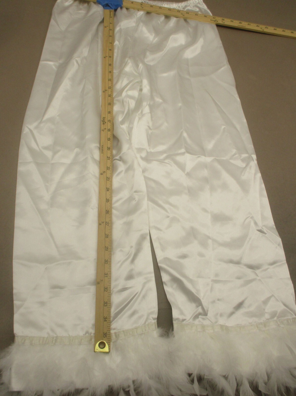 NWOT Unbranded Size XL Womens White Satin Feather Trim Pants Shirt Party Set 395
