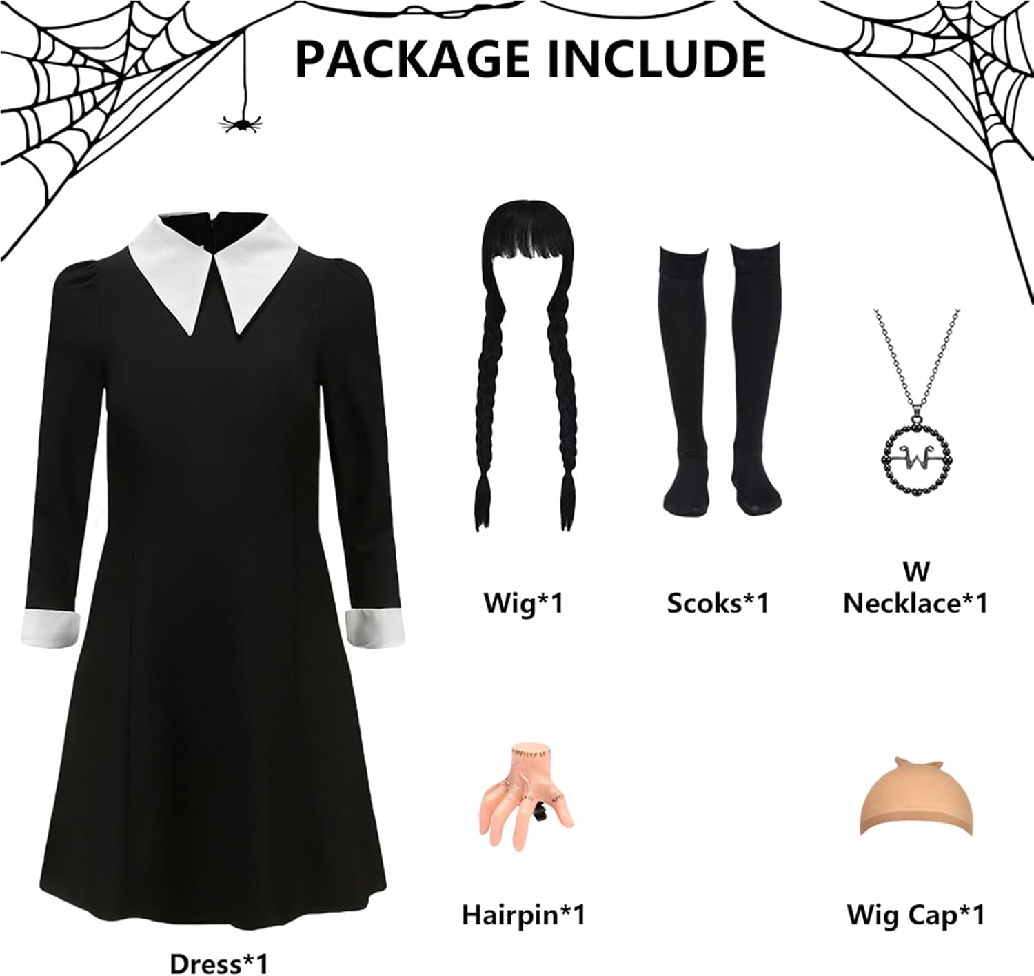 Girls Halloween Costumes Kids Black Dress with Wig Necklace for Family Party Cos