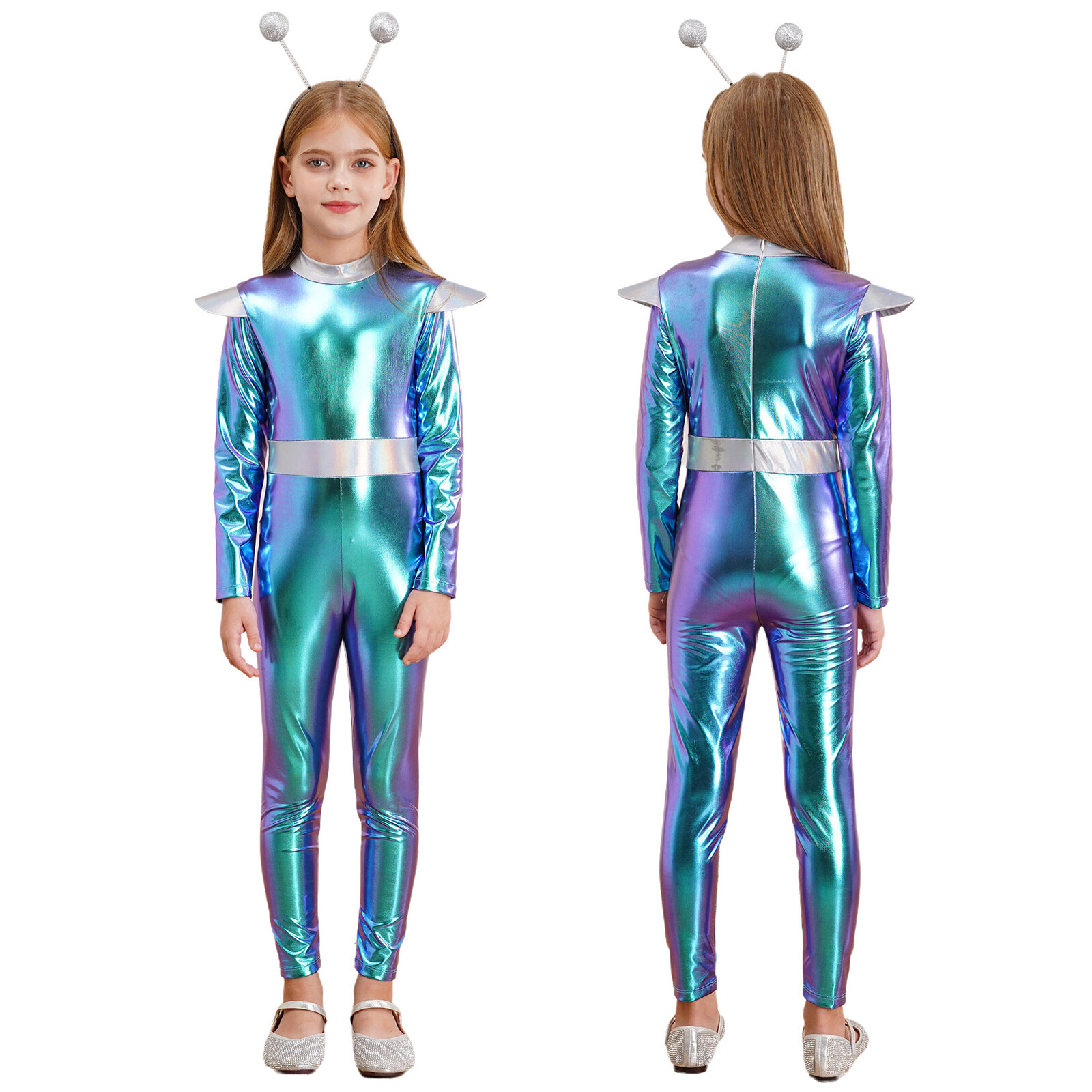 Kids Girls Metallic Alien Costume Outer Space Man Fancy Dress Up Jumpsuit Outfit
