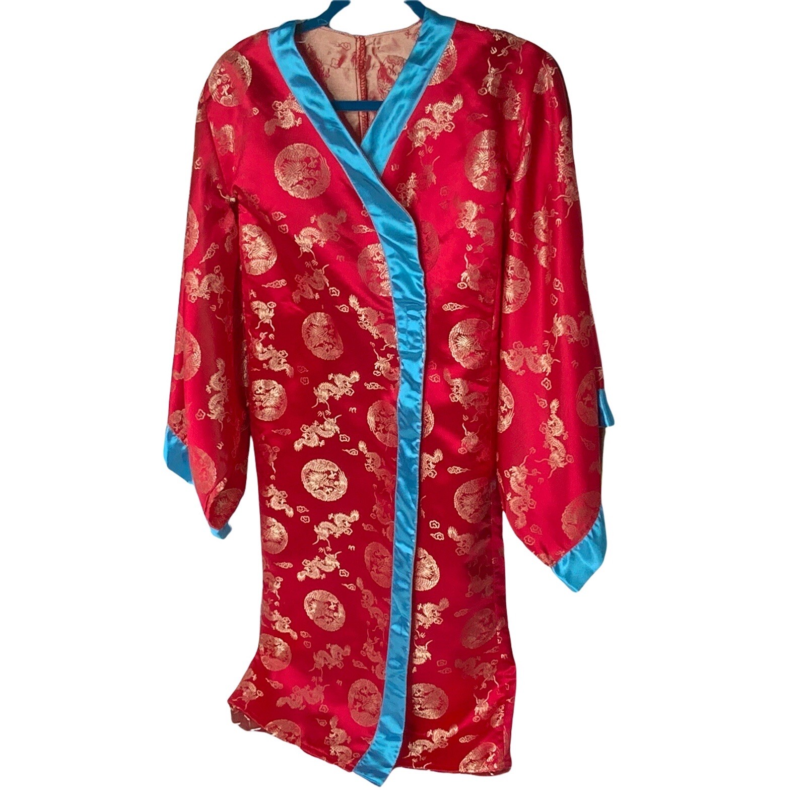 Costume Express Kimono Long Red Blue Gold Dragon Hook Loop Closer Size S / M