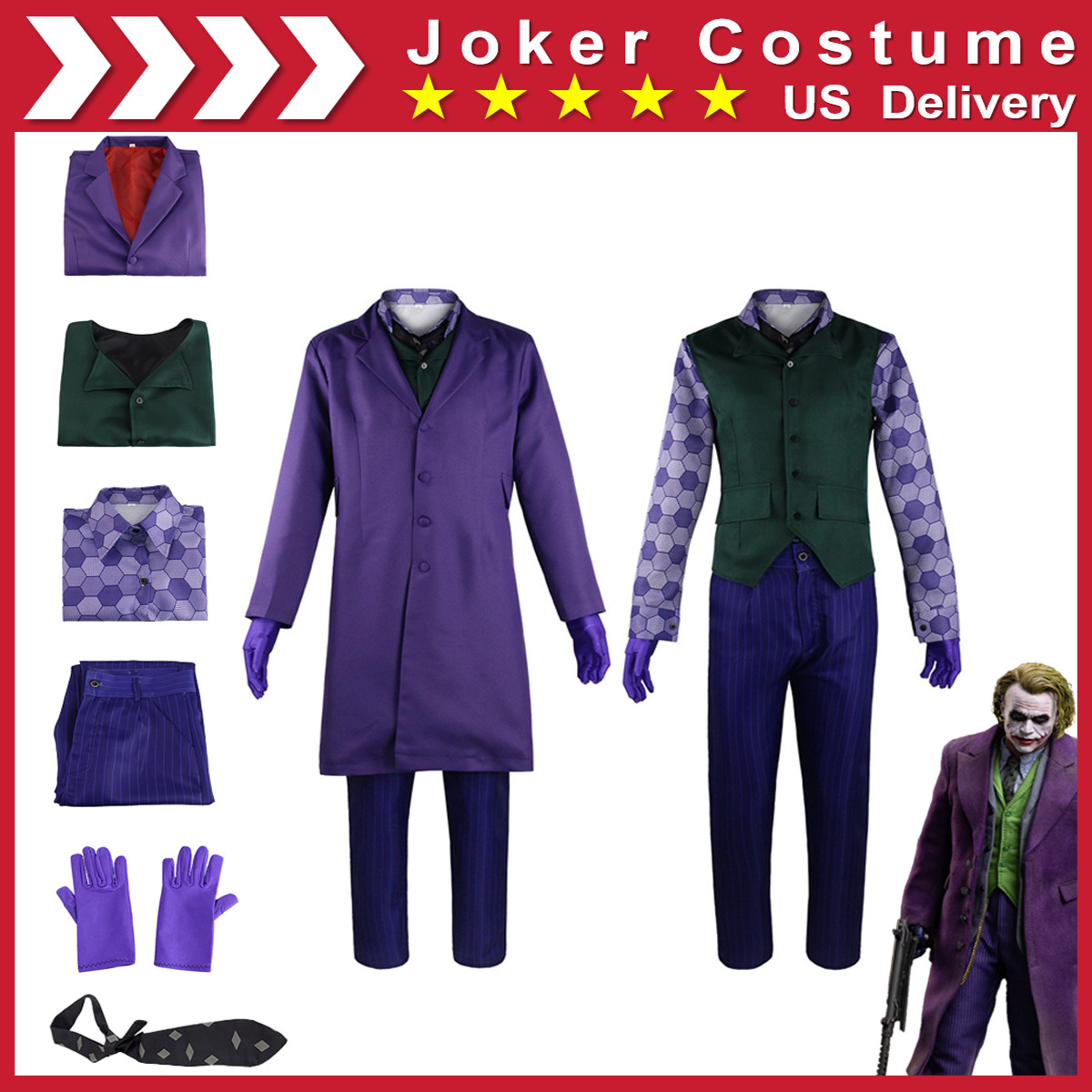 Batman The Dark Knight Joker Cosplay Costume Mens Halloween Party Full Outfits