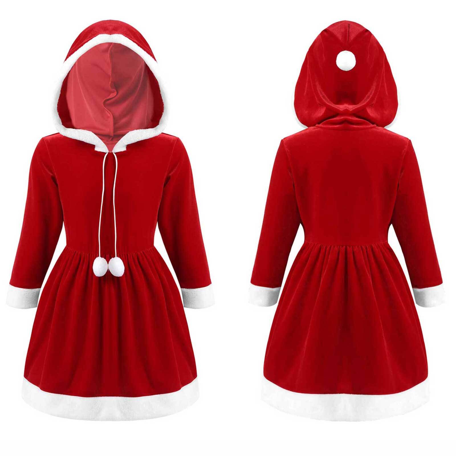 US Kids Girl’s Christmas Hoodie Dress Santa Claus Tutu Dress Velvet Hooded Dress