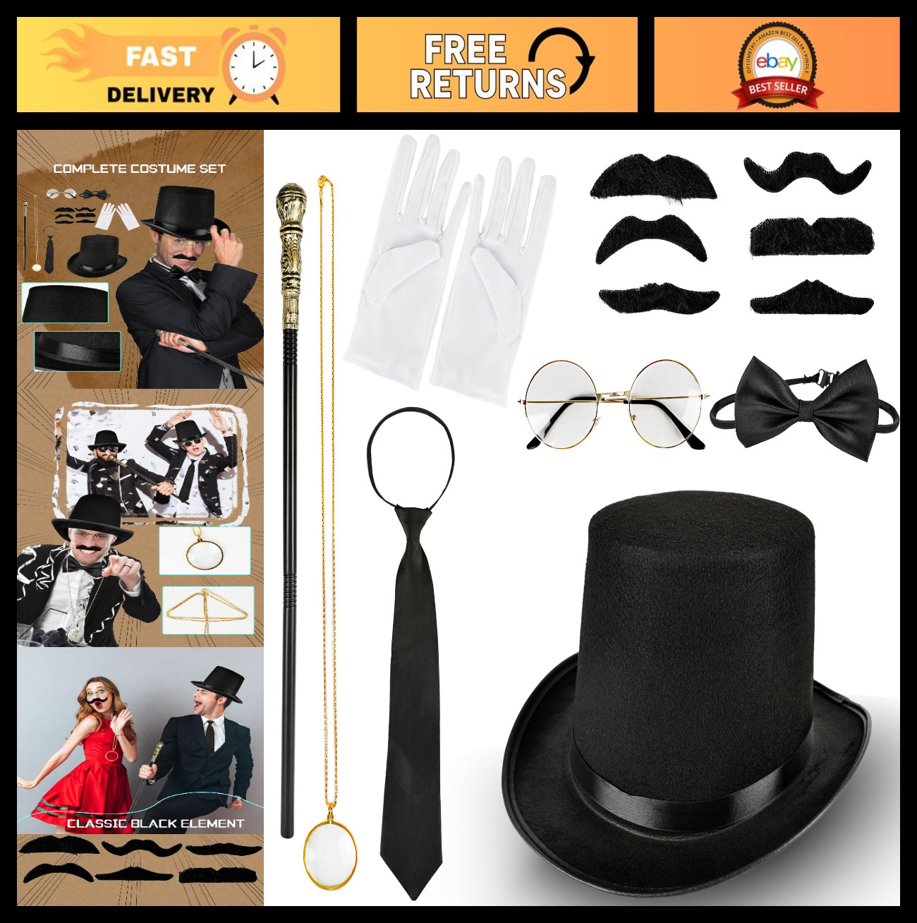 1920s Men’s Costume Accessories Set – Hat, Bow Tie, Scepter, Glass & More!