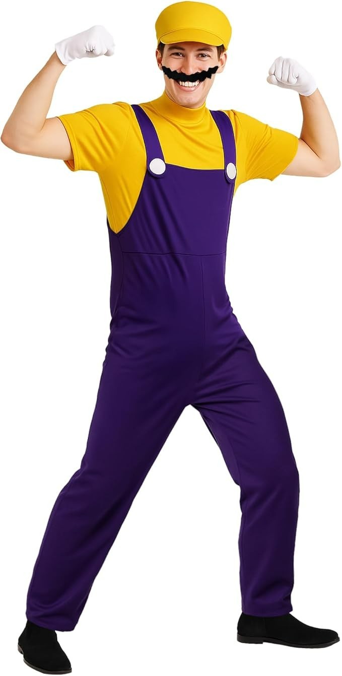 Adult Super Mario Brothers Wario Costume Men`s Yellow Plumber Hat Mustache L XL