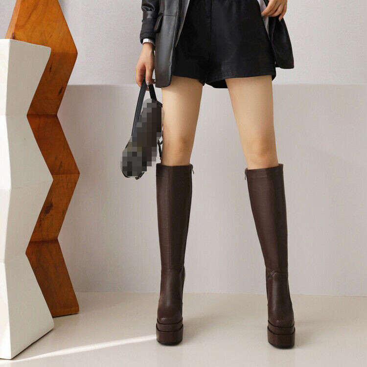 New Ladies Women Shoes Fashion Zipper Platform Block Heel Knee High Knight Boots